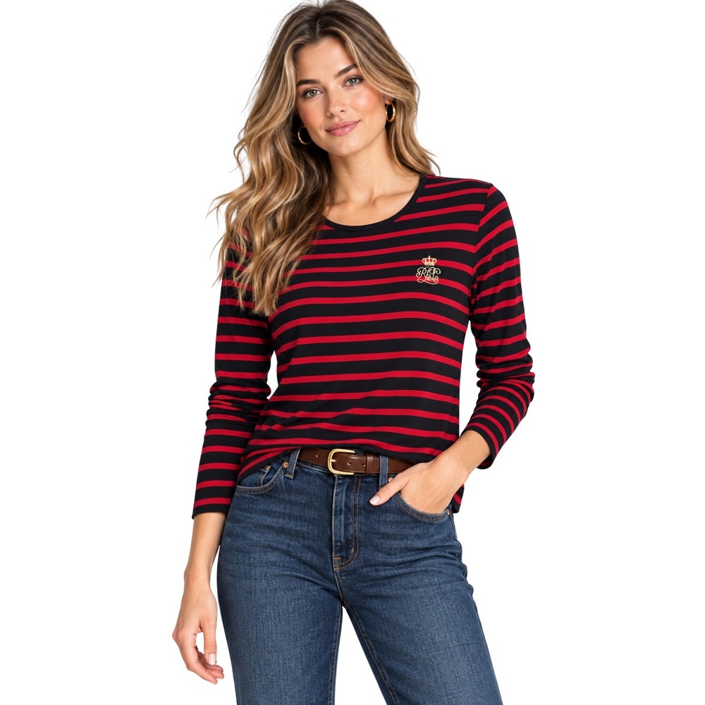 Lauren Ralph Lauren Top XL Red Black Striped Crest Embroidered Cotton Preppy